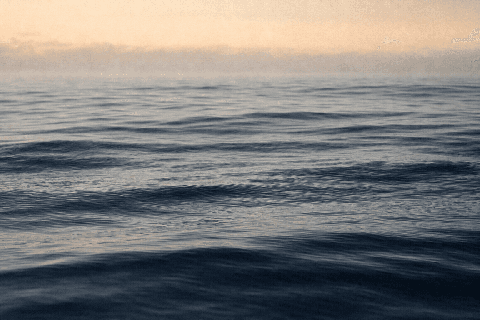 Une mer calme et froide photographiée au ras de l'eau, à l'aube.